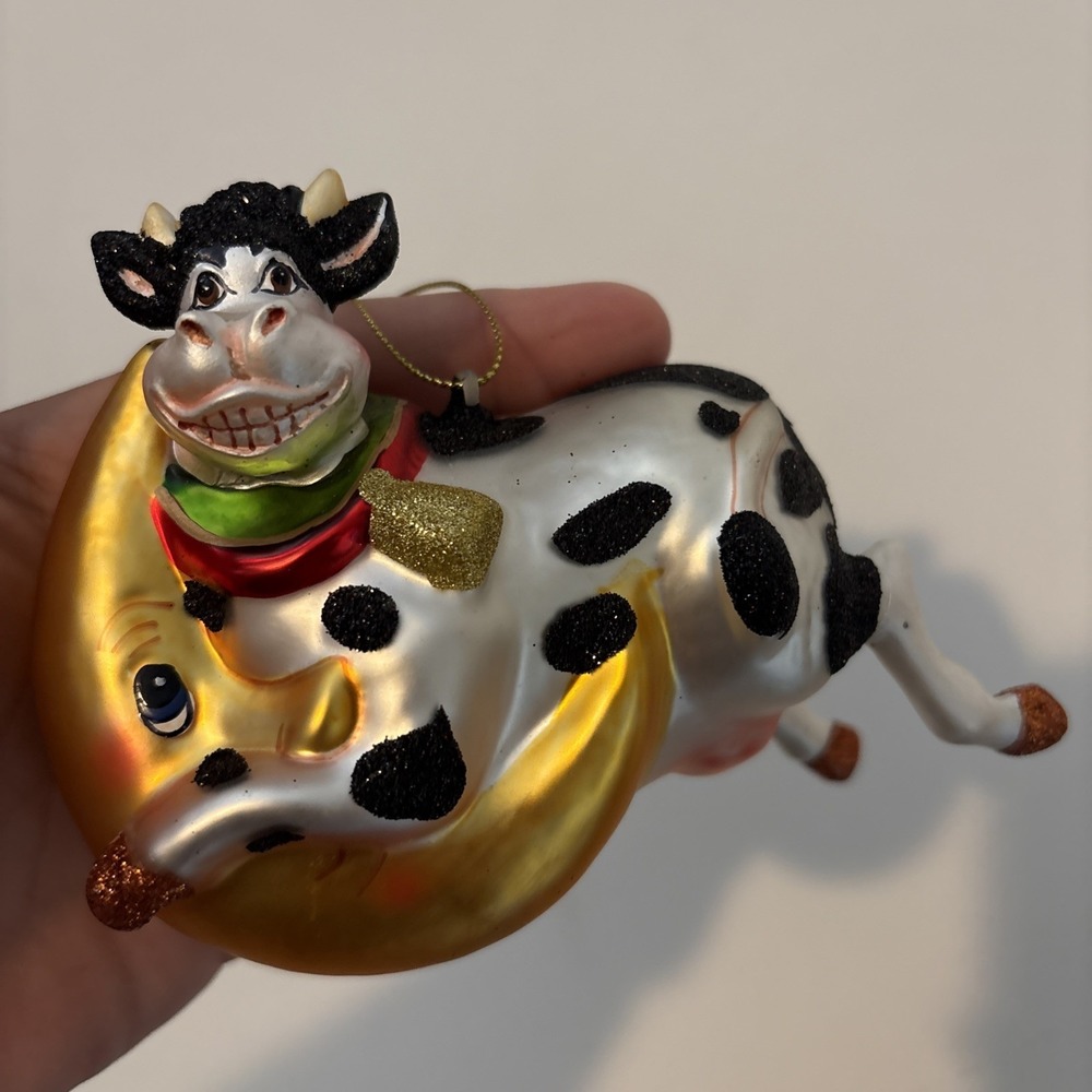 Robert Stanley Cow Christmas Blown Glass Ornament Jumping Over The Moon VTG Xmas